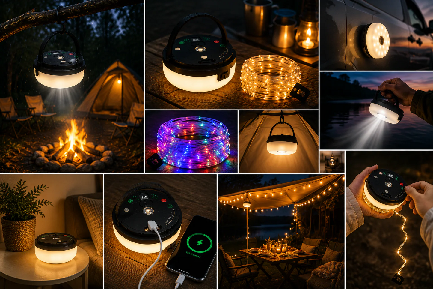 CampGlow lampe de camping rechargeable 4 en 1 avec guirlande lumineuse et batterie externe