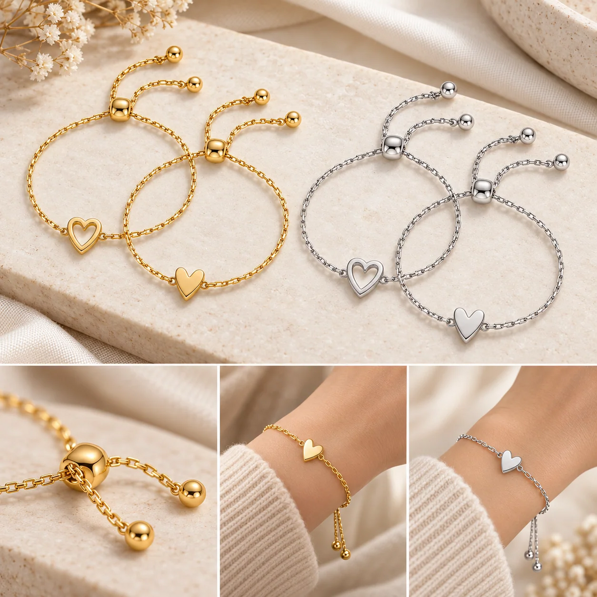 Bracelets cœur assortis avec placage or 14 carats
